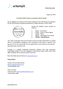 EcoVadis 2025: Artemyn awarded a Silver Medal